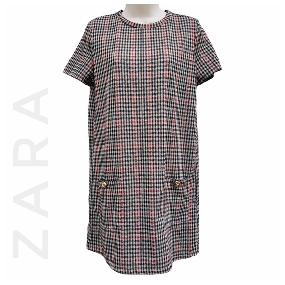 ZARA plaid shirt mini dress gold big buttons front check 50s 60s houndstooth - Picture 1 of 6